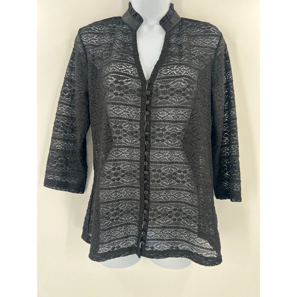 Alfani M Black Sophisticated Sheer Lace Blouse Ruffled‎ Collar 3/4 Sleeves